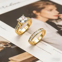 Women's Classic Gold-Tone 2-Piece Princess Cut Promise Ring Set, Stacking Band Layered Ring Stack Jewelry for Casual Wear Gifts