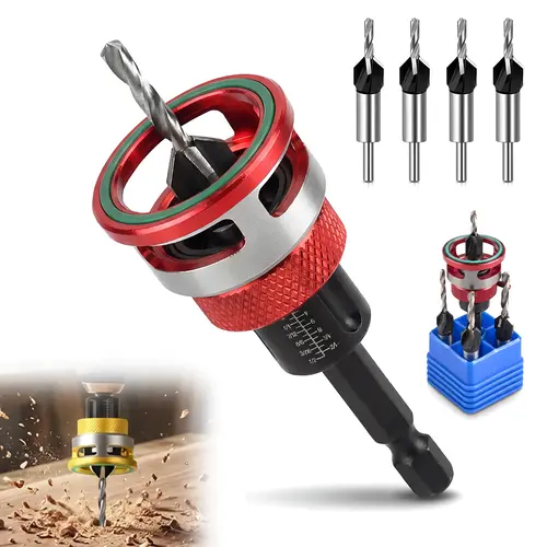 High Carbon Steel 4-Piece Countersink Drill Bit Set, 1/4"-Hex Shank Wood Drilling Bits with Adjustable Depth Control Collar, Non-Marring Bearing for Chamfering, Carpentry, DIY Projects Woodworking Kits,toolupgrade