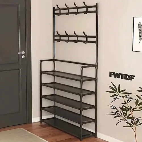 3-in-1 Entryway Organizer: Shoe Rack with Coat Rack, 5-Tier Shoe Storage Stand with 8 Hooks, Freestanding Hall Tree for Living Room, Bedroom Adjustable Display Racks