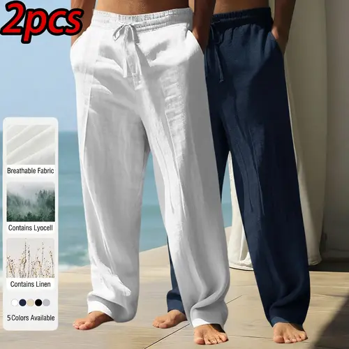 Men’s casual straight-leg pants, 2-pack: summer loose fit, breathable with a drapey feel; long pants for summer fashion, outdoor walking, camping, and vacations; cool, breathable, soft, and comfortable Lyocell linen pants. beach wear