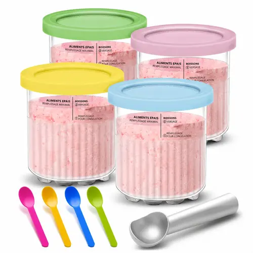 Ninja Creami Pint Ice Cream Cups and Lids Set, 4 Piece 24oz Luxury 11-In-1 Kitchen Container Kit, Compatible with Nc501 Nc500 Series, Spoons, Ice Cream Scoop, Kitchen Plastic Containers