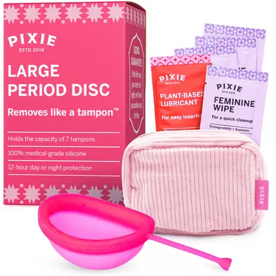 Pixie Menstrual Disc for Feminine Care - Ranked 1 for Best Tampon Alternative Period Disc - 100% Medical-Grade Silicone - Removes Like a Tampon - Wear 12 Hours - Capacity of 7 Tampons (Large, Pink)