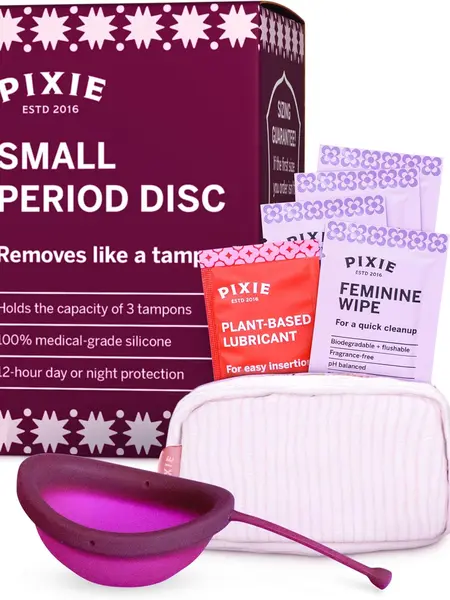 Pixie Menstrual Disc for Feminine Care - Ranked 1 for Best Tampon Alternative Period Disc - 100% Medical-Grade Silicone - Removes Like a Tampon - Wear 12 Hours - Capacity of 3 Tampons (Small, Plum)