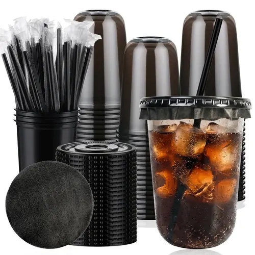 100 Premium Black Transparent Beverage Cups Drink Set for Adults & Business - Leak-Proof Lids, Seals, Paper Liners, Straws, Storage Box, Lightweight Cups Make Serving Easy Disposable Tableware for Home, Parties,sohochic