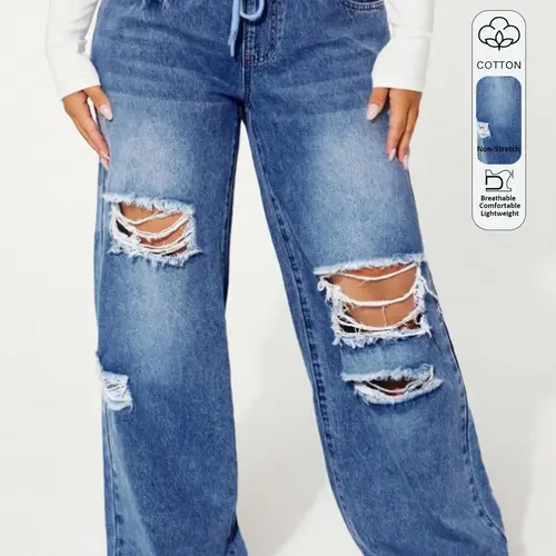 Women's Plus Size Ripped Denim Jeans, High-Waist Elastic Waist Drawstring, Loose Baggy Oversized Long Denim Pants, Casual Y2K Streetwear, All Seasons Wear, Bottoms