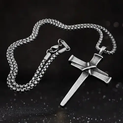 Gothic Stainless Steel Nail Cross Pendant Necklace for Men, 24 Inch Chain, Vintage Punk Streetwear Jewelry Gift