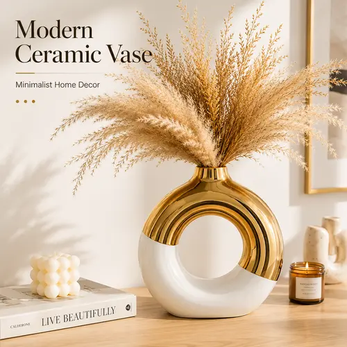 Platinum Ceramic Ellipse-Cylinder Vase - Plain Modern Bohemian Boujee Home Accessory, Dried Flower Ready Living Room Decorations, Coffee Table Accent, Special Event Holder