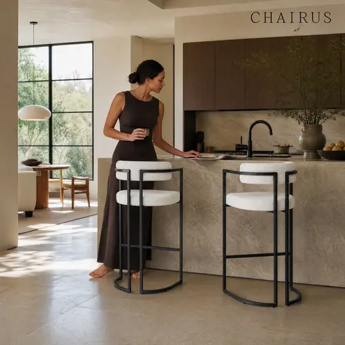 CHAIRUS 2-Piece 30-inch Sherpa Upholstered Armless Barstools, White Curved Back Barrel Chairs with Durable Black Metal Legs, Easy-Care Fabric for Busy Households, Cohesive Dining Set for Coffee Bar, Velvet Modern Look to Match Your Mood, Assembly Required