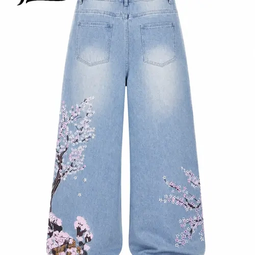 Men's Light Wash Cherry Blossom Embroidery Baggy Wide-Leg Jeans - Menswear Fashion Jean Bottoms, Vintage Plain All-Season Casual Daily Oversized Streetwear Denim Pants