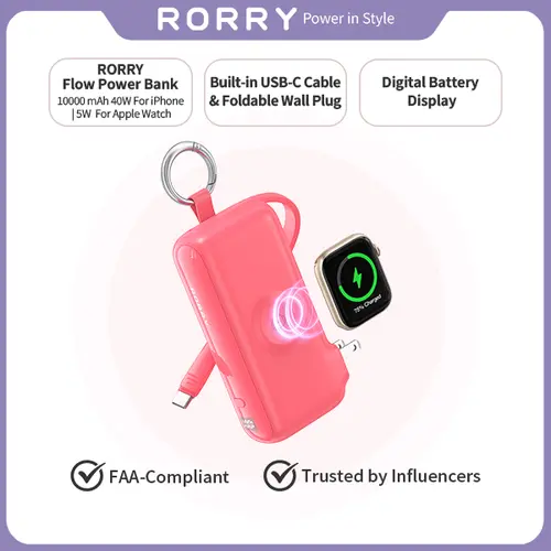 RORRY Flow Portable Compact Power Bank, 10000mAh Battery Pack, 40W Fast Charging Mobile Chargers, Built-in USB-C Cable, Foldable Plug for Apple Devices MacBook, Travel Essentials,sohochic