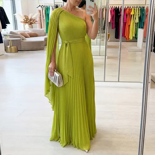 CHICME Women's One-Shoulder Pleated Maxi Dress Asymmetric Draped Cape Sleeve Twist Front Party Dress Elegant High-Waist Evening Dress/Summer Dress