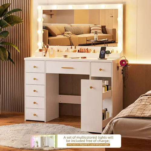 LAKEMID Sturdy White Traditional Glam Makeup Vanity with LED Desk Mirror - 12 Hollywood-Style Bulbs, 3-Color Adjustable Lighting, Festive String Glow, 7-Drawer Vanity Organization, Pull-Out Storage, Assembly Required for Bedroom Lovers