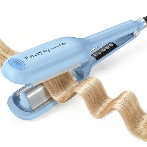 Farery 1.25 in Deep Wave Hair Waver Crimper - 120v-240v Beach Wavy Tool with Smart Buzzer Timer, 9 Heat Settings (285°F-430°F), Tourmaline Ceramic, Negative Ions for Healthy Hair, Frizz Control & Easy Curl Hold-Release, Single Unit