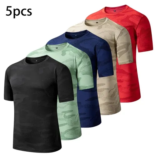 Men's Sage Green Camo Print Quick Dry Short Sleeve Athletic Fitness Clothes - Breathable Moisture Wicking Regular Fit Shirts for Gym, Hiking, Daily Casual