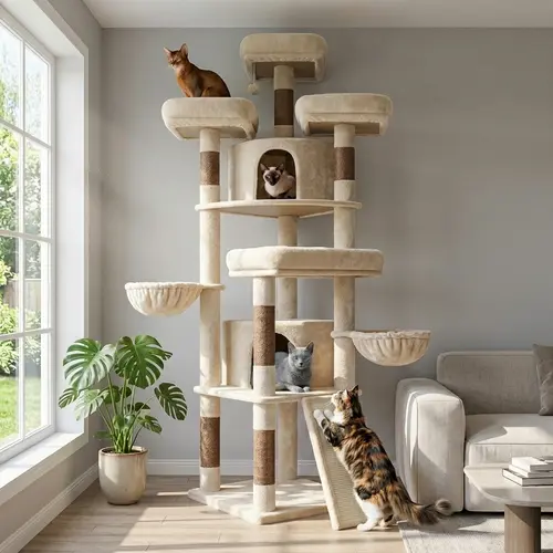 Deskat 80-Inch Big Multi-Level Cat Tree for Large Cats - 2 Condo Hideouts, 2 Hammocks, 4 Perches, 6 Sisal Scratching Posts, Scratch Board Zone, Vertical Tower,