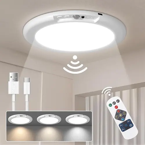 1/2/4 Pack Rechargeable Motion Sensor Ceiling Light with Remote Wireless Magnetic LED Lights, Battery Operated Stick On Ceiling Shower Lights Renter Friendly for Closet Bedroom Hallway
