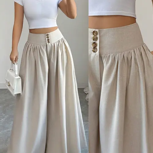 Elegant High-Waisted Loose Wide-Leg Pants, Bohemian Button Decor Long Trousers, Ruched Design, Women's Casual Palazzo Pants, Spring & Summer Bottoms