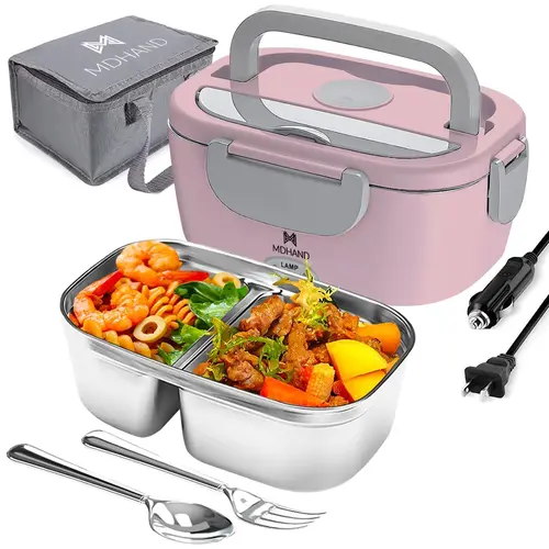Stainless Steel Insulated Heated Lunch Box with Tray, Lid, Plastic Fork & Insulated Tableware Bag – 12V/24V Car Portable Food Warmer with 360° Even Heating, Temperature-Controlled Thermal Box for Truck Drivers, Travel, Temperature-Controlled Lunch Boxes