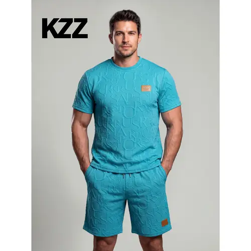 KZZ Men's Casual 2-Piece Fashion Set - Soft Crew Neck Short Sleeve Plain Fabric, Breathable Comfortable Menswear Clothing,sohochic