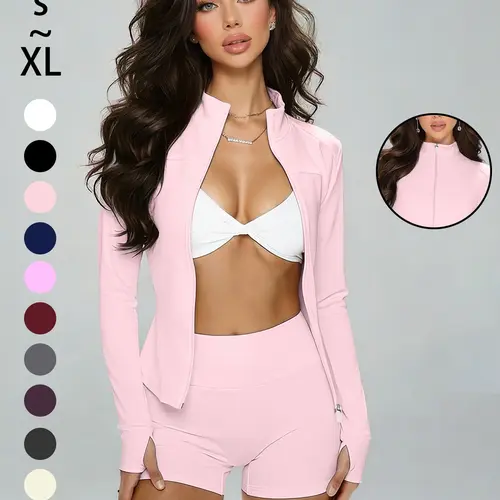 Women's Plain Zipper Yoga Jacket, Sporty Slim-Fit Long Sleeve Top, V-Neck Design, All Seasons, Ideal for Gym and Home Comfort