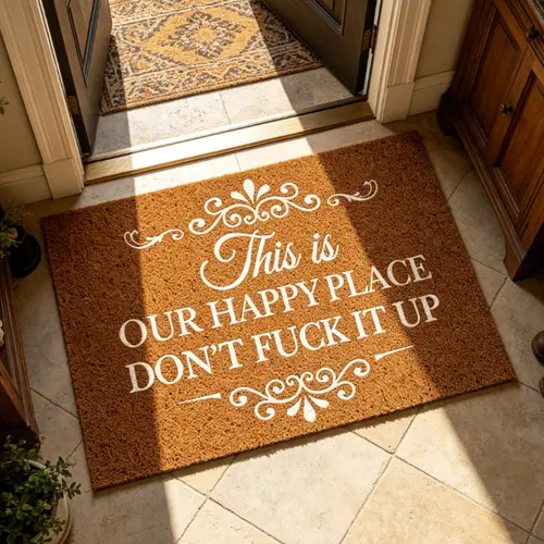 Funny Entrance Doormat - Sassy Indoor/Outdoor Rug with "This Is My Happy Place Don’t F*ck It Up" Print, Non-Slip, Wrinkle Resistant, Heart-Themed Charm, Retro Look, Anniversary Touch for Home Bathroom, Kitchen