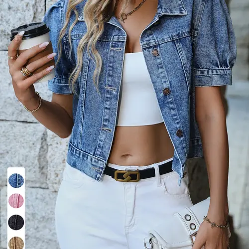 Women's Short Denim Jacket, Bubble Sleeve Single Button Denim Top, Vintage Washed Summer Casual Chic Outerwear, Stylish and Comfortable