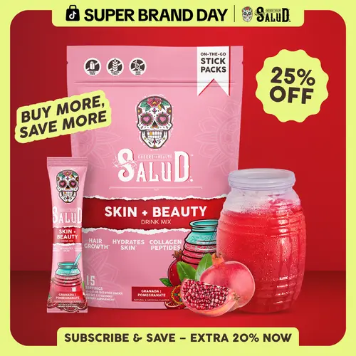 Salud 2-in-1 [Skin + Beauty] Drink Mix Packets, Collagen Peptides with Verisol, Hyaluronic Acid, Vitamin C, Biotin + Lustriva, Beauty Drink Packets, Hydration Sticks, Gluten Free, For Men & Women, (15 Servings)