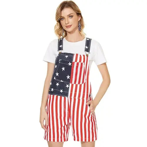 YUANBANG Unisex Medium Stretch Durable Denim Overalls Shorts with Button, Patriotic American Flag Stars Stripes Print for 4th of July USA Independence Day, Great Gift Ideas, Place in Laundry Bag, Summer Workwear Outdoor Outfits