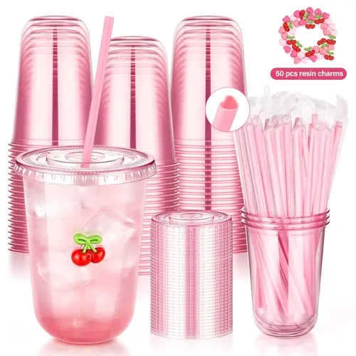 50-Pack 400ml High Quality Plastic Valentine Cups - BPA-Free PET Disposable Tableware Set, Round-Bottom Cold Drink Cups with Lids, Pink Heart Straws & Resin Charms for Grad Party Supplies, Festival Party Tableware,sohochic