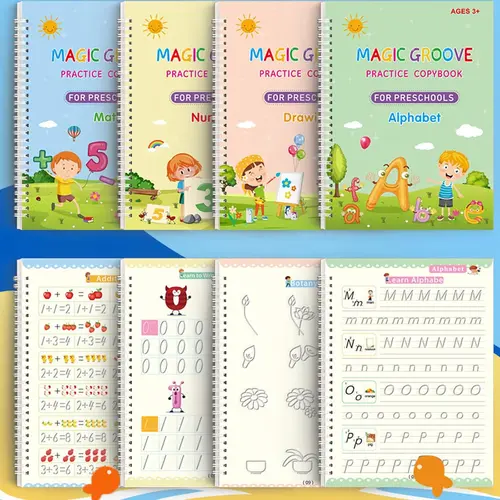 Magic Grooved Practice Copybook, 4 Pcs Reusable Writing Magic Book, Grooved Handwriting Workbooks, Large Practice Scribe Book Set for Kids Preschool Calligraphy Learning Number Letter Math Drawing Tracing Books,back to school,back to school shopping,sohoc
