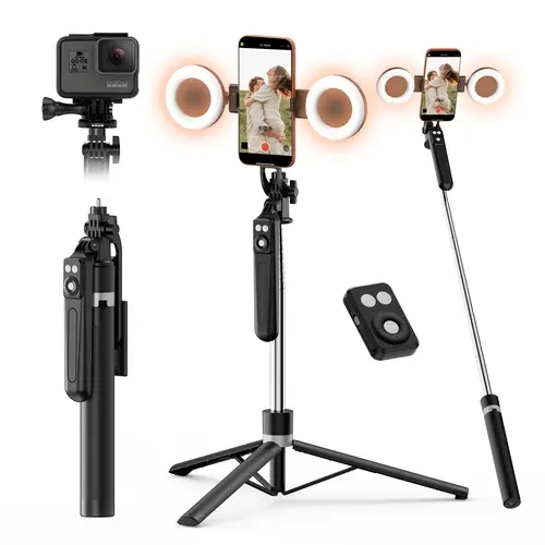 Black ABS Plastic Portable Mobile Phone Tripod Stand Selfie Stick - 1 Pcs, 360° Rotate, Extendable Arm, Adjustable Dual Fill Lights, Bluetooth Remote, Box Pack, Modern Design, iPhone/Android Accessories, for Vlogging, 360° Stick Selfie Accessories