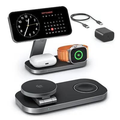 25W Qi2 Certified 3-in-1 Magnetic Wireless Charger Stand, Foldable MagSafe-Fit Portable for iPhone (17e/17/16/15/14/13/12/Air Series), Smart Watch & AirPods, Ideal for Everyday Carry, International Travel & Battery Anxiety Solutions