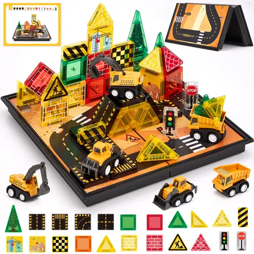 hahaland 38 PCS Magnetic Tiles Road Toppers Set for Kids Ages 3-5, Magnetic Building Blocks with Cars Toys for 3-5 Years Old Boys and Girls Stem Toys Birthday Gifts for Age 3 4 5 6 7 Year Old,backtoschool