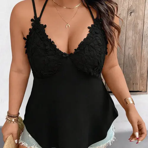 Plus Size Women's Lace Trim Halter Top, Sexy V-Neck Waist Cinch Slimming Outerwear Innerwear Shirt, Chic Fashionable Ladies' Clothing #GLOBAL PICKS