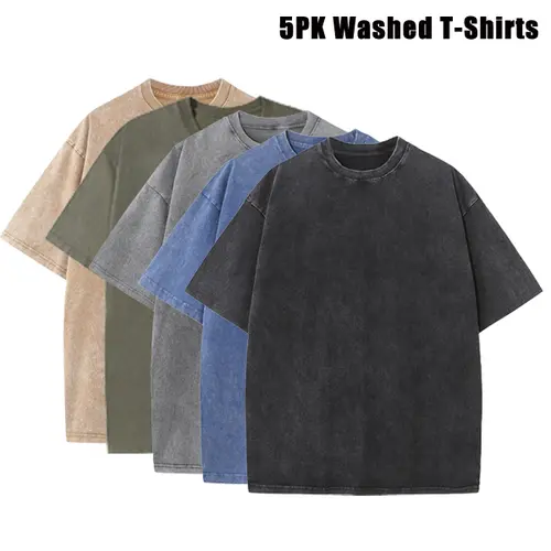 Men's Vintage T Shirts 5-Pack, Oversized Heavyweight Cotton Acid Wash Baggy Tops for Casual Workout and Fitness, Round Neck,clothes for back to school,first day of school outfits,sohochic