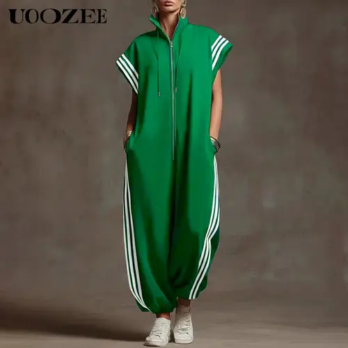 UOOZEE Women's Plus Size Overalls - 100% Polyester Lightweight Streetwear, Summer Casual, Side Stripes, Contrast Color Pockets, Loose Short Sleeves, Zipper Stand Collar, 9th Pants 1-Piece, Drawstring Fit, for Spring-Summer