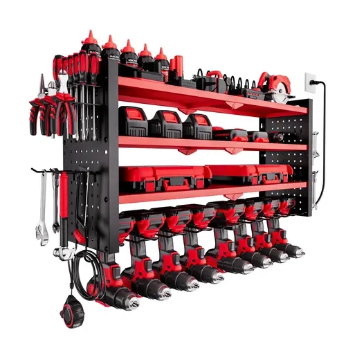 VEVOR Rust-Resist Carbon Steel Power Tool Organizer with Charging Station - 4-Layer Drill Rack (8 Slots), Adjustable Middle Shelf, Side Pegboard, 8-Outlet Strips, Wall Mount, Straight Hooks, Simple Install Less Hassle, Dad Accessory for Garage Workbench