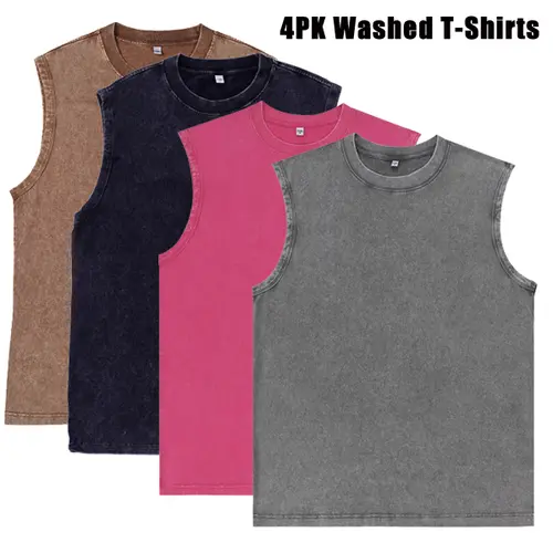 Men's 4-Pack Baggy Sleeveless Menswear Sports T-Shirts - Vintage Washed Heavy Cotton Crewneck Oversized Vests for Gym & Athleisure,sohochic