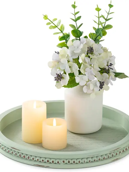 Sage Green Tray Decor: Round Decorative Tray for Coffee Table Centerpiece - Wooden Candle Plate Holder for Rustic Farmhouse Home Living Room Kitchen Counter