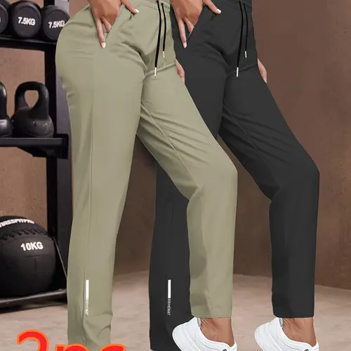 Women's 2-Pack Ice-Touch Fabric High-Elastic Pants - 2pcs Blue + Black Summer Regular-Fit Long Pants with Waistband, Adjustable Drawcord, Side Pockets, Lightweight for Athletic Casual, Gym to Street Use