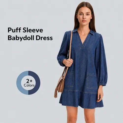 FireSwan Women's V-Neck Puff 3/4 Sleeve Jean Dress, Loose Plain Fashion Cotton Blend Dress (81%cotton 11%polyester 8%spandex), Soft Casual Wear Flattering for All Body Types