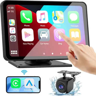 Haudio Carplay Screen for Car, 7" 720P Wireless Portable Car Play Touchscreen Stereo with Android Auto Mirror Link/Backup Camera/GPS Navigation/Satellite Radio for All Vehicles head unit sunscreen