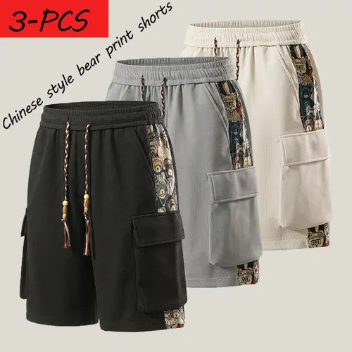 3-Pack Men’s Cargo Shorts, Chinese Oriental Style with Bear Graphic Print — Loose Fit, Elastic Waist with Drawstring, Casual Summer Short Pants, Side Patchwork, Multiple Pockets, Street Casual Vacation Wear