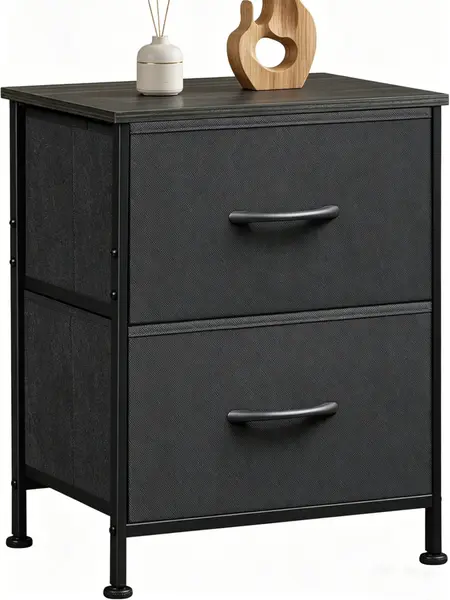 Modern Black Nightstand - 2-Drawer Sturdy Apartment Furniture with Wooden Top, Removable Fabric Storage Bins, Easy Setup Side Table, Bedside Cabinet for Home Organizing
