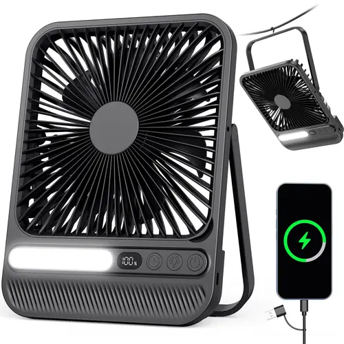 8000mAh Cordless Collapsible Mini Portable Fan - Lithium-Ion Rechargeable, LED Light Combo, 28H Runtime, Long-Life Model, Batteries Included for Camping, Bedroom
