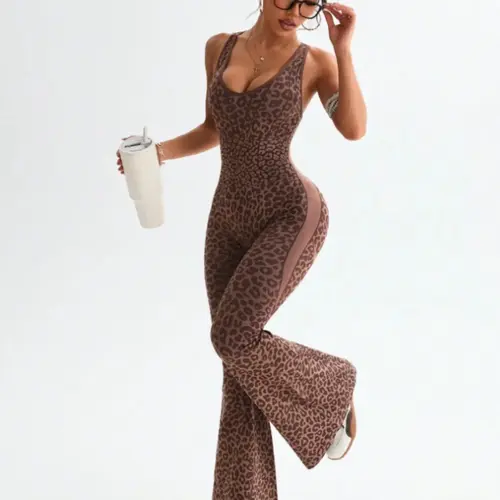 Women's Leopard Print Yoga Jumpsuit, Criss Cross & Backless Design, Casual Fashion Slim-Fit Jumpsuit for All Seasons, Summer Jumpsuits, Comfortable Wear for Home and Daily Wear, Sports Jumpsuit, Sleeveless Yoga Jumpsuits, Yoga Workout Jumpsuits