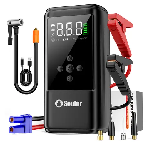 2000A Ultra-Safe Jump Starter – Starts all 12V battery vehicles. Features 160 PSI air compressor, 12W fast charging, tire pressure check, and LED light. Includes jumper cables, air hose, storage bag, and 4-in-1 charging cable sohochic
