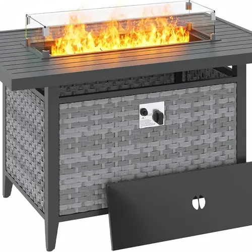 MAISON BACKYARDS [Deals For You Days] 43-Inch Outdoor Rattan Frame Propane Fire Pit Table, 55000 BTU CSA-Certified 304 Stainless Steel Gas Firepit with Wind Guard Glass, Waterproof Cover, Easy-Hook Lid, Lava Rocks, for Patio, Deck (Separate Ship),sohochic