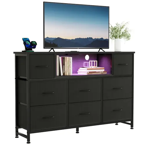 Sweetcrispy Modern LED TV Stand Furniture - Living Room Furniture with 8 Fabric Drawers, Power Outlet, USB & Type-C Ports, 60,000 Colors Set the Mood Nightly, Modern LED Accent Look, Storage Console Cart Table