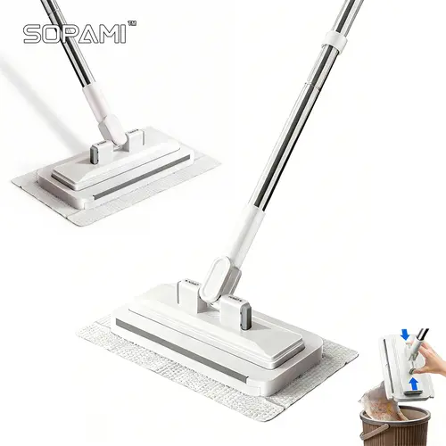 SOPAMI Retractable Disposable Pad Mop - Handheld Dry/Wet Mop with Hands-Free Automatic Clamp, Replaceable Non-Woven Pads, No Hand Wash Clean Floors Solution for Hardwood, Tile Floors